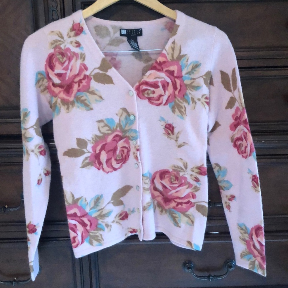 Carole Little floral pink cardigan Sz PM